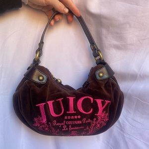 Brown Velour Juicy Couture Shoulder Purse with Pink Embroidery